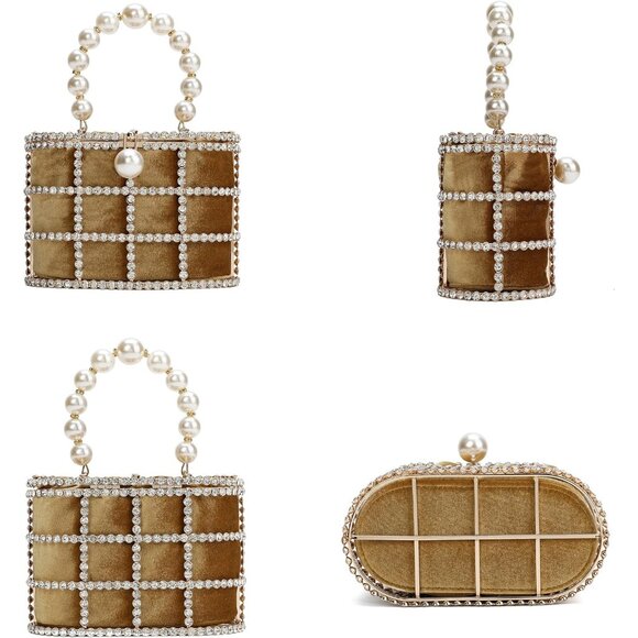 ⚡Women's Gold Detachable Pearl Diamond Chain Soft Velvet Shoulder Clutch Handbag - Picture 2 of 5